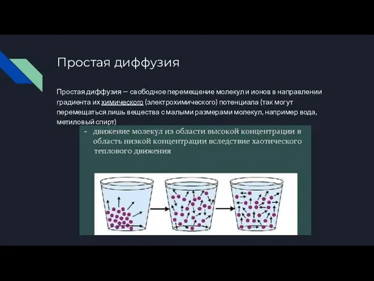 Простая диффузия Простая диффузия — свободное перемещение молекул и ионов в направлении