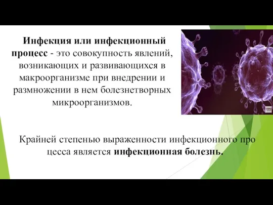 Инфекция или инфекционный процесс - это совокупность явлений, возникающих и развивающихся в