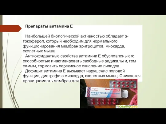 Препараты витамина Е Наибольшей биологической активностью обладает α-токоферол, который необходим для нормального