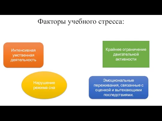 Факторы учебного стресса: Интенсивная умственная деятельность Крайнее ограничение двигательной активности Нарушение режима