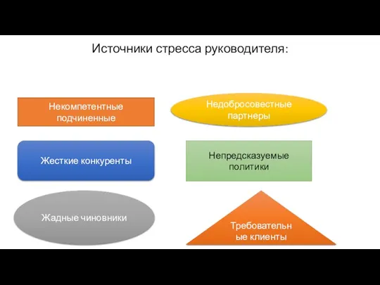 Источники стресса руководителя: Некомпетентные подчиненные Недобросовестные партнеры Жесткие конкуренты Непредсказуемые политики Жадные чиновники Требовательные клиенты