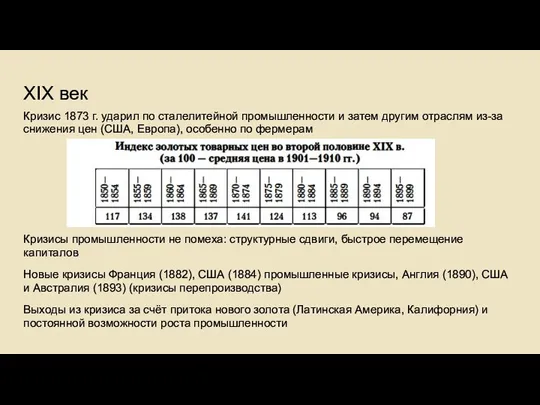 XIX век Кризис 1873 г. ударил по сталелитейной промышленности и затем другим