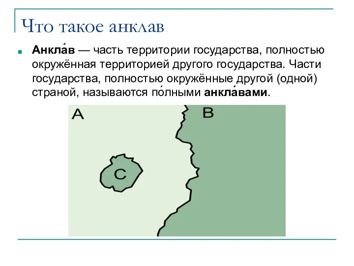 Что такое анклав Анкла́в — часть территории государства, полностью окружённая территорией другого