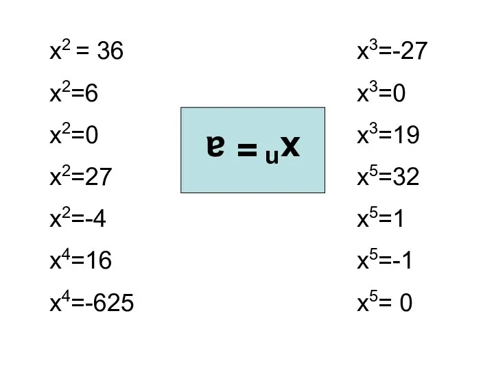 х2 = 36 х2=6 х2=0 х2=27 х2=-4 х4=16 х4=-625 х3=-27 х3=0 х3=19