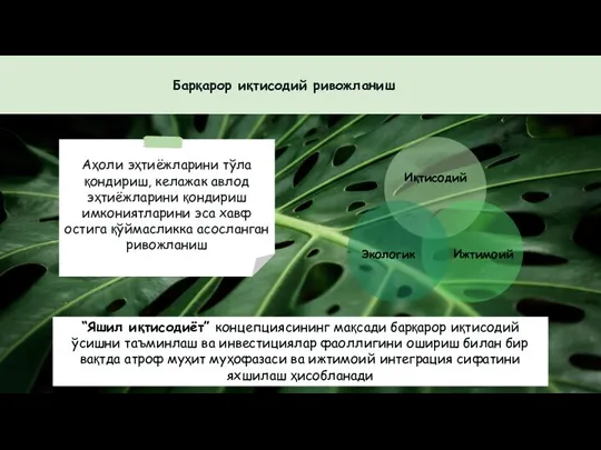 “Яшил иқтисодиёт” концепциясининг мақсади барқарор иқтисодий ўсишни таъминлаш ва инвестициялар фаоллигини ошириш