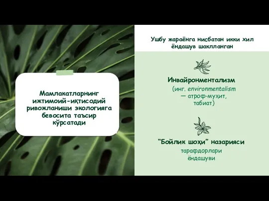 Инвайронментализм (инг. environmentalism — атроф-муҳит, табиат) “Бойлик шоҳи” назарияси тарафдорлари ёндашуви Ушбу