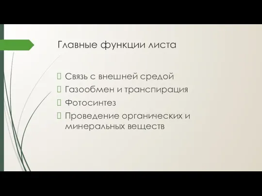 Главные функции листа Связь с внешней средой Газообмен и транспирация Фотосинтез Проведение органических и минеральных веществ