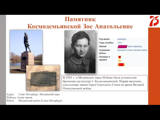 Памятник Космодемьянской Зое Анатольевне В 1951 г. в Московском парке Победы была