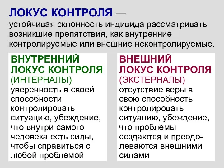 ЛОКУС КОНТРОЛЯ — устойчивая склонность индивида рассматривать возникшие препятствия, как внутренние контролируемые