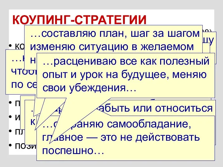 КОУПИНГ-СТРАТЕГИИ (Р.С.Лазарус, 1988) конфронтация дистанцирование самоконтроль поиск социальной поддержки принятие ответственности избегание