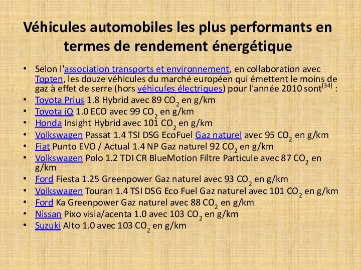 Véhicules automobiles les plus performants en termes de rendement énergétique Selon l'association