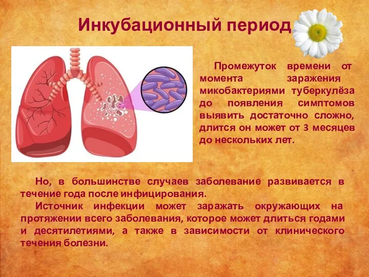 Инкубационный период Промежуток времени от момента заражения микобактериями туберкулёза до появления симптомов