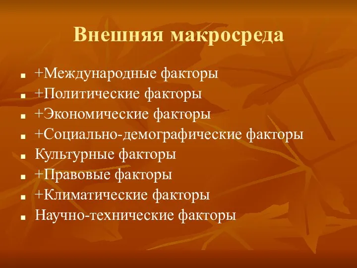 Внешняя макросреда +Международные факторы +Политические факторы +Экономические факторы +Социально-демографические факторы Культурные факторы