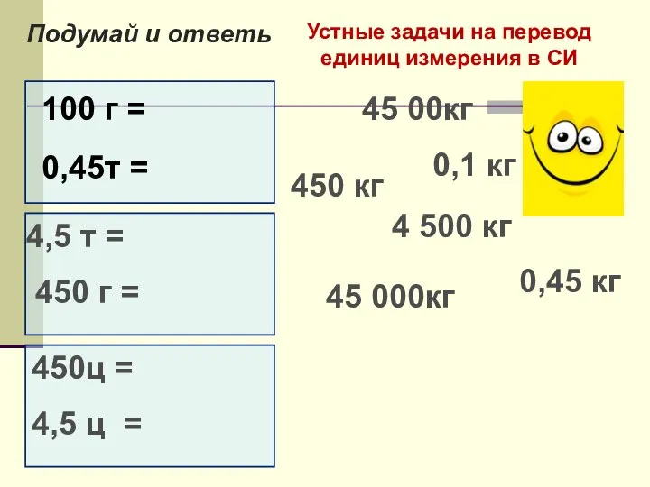 Устные задачи на перевод единиц измерения в СИ 100 г = 0,45т