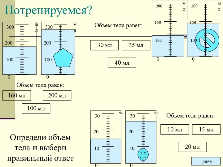 Потренируемся? Объем тела равен: 160 мл 200 мл 100 мл 30 мл