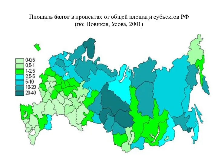 Площадь болот в процентах от общей площади субъектов РФ (по: Новиков, Усова, 2001)