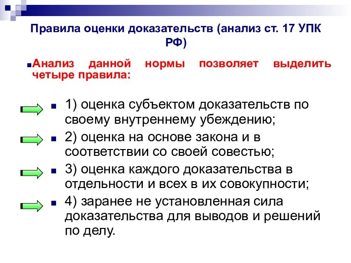 Правила оценки доказательств (анализ ст. 17 УПК РФ) 1) оценка субъектом доказательств