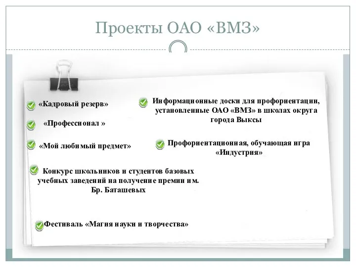 Проекты ОАО «ВМЗ» «Кадровый резерв» «Профессионал » «Мой любимый предмет» Конкурс школьников