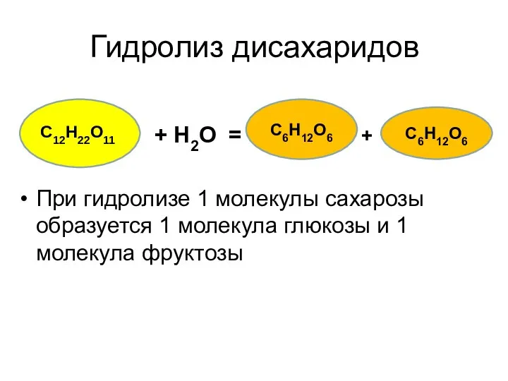 Гидролиз дисахаридов + Н2О = + При гидролизе 1 молекулы сахарозы образуется