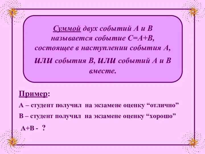 Пример: А – студент получил на экзамене оценку “отлично” В – студент