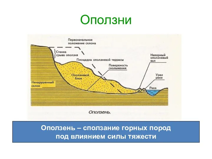 Оползни Оползень – сползание горных пород под влиянием силы тяжести