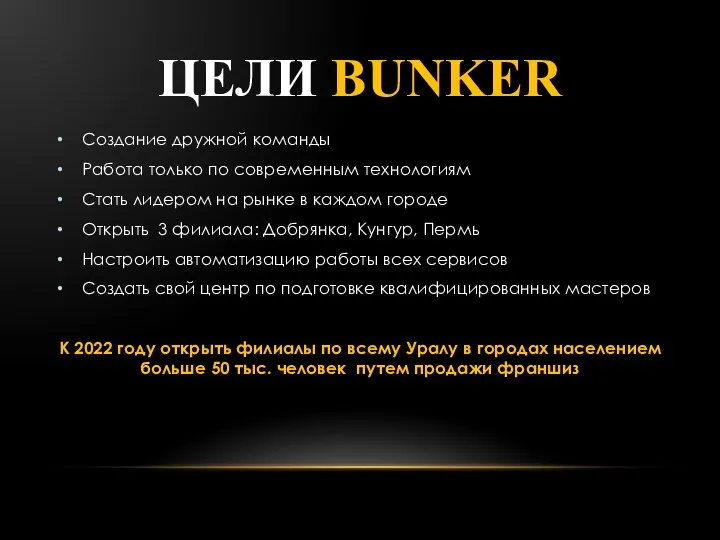 ЦЕЛИ BUNKER Создание дружной команды Работа только по современным технологиям Стать лидером