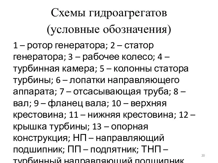 Схемы гидроагрегатов (условные обозначения) 1 – ротор генератора; 2 – статор генератора;