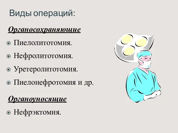 Виды операций: Органосохраняющие Пиелолитотомия. Нефролитотомия. Уретеролитотомия. Пиелонефротомия и др. Органоуносящие Нефрэктомия.