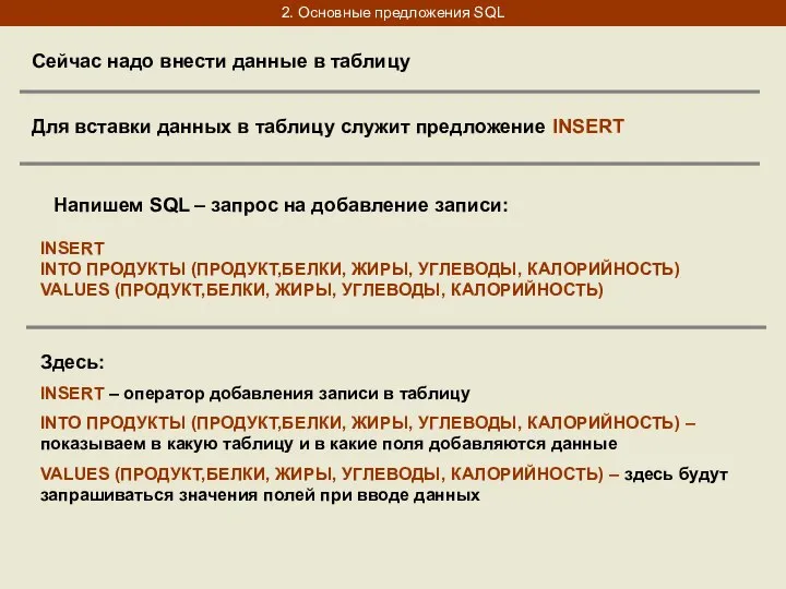 2. Основные предложения SQL Сейчас надо внести данные в таблицу Для вставки