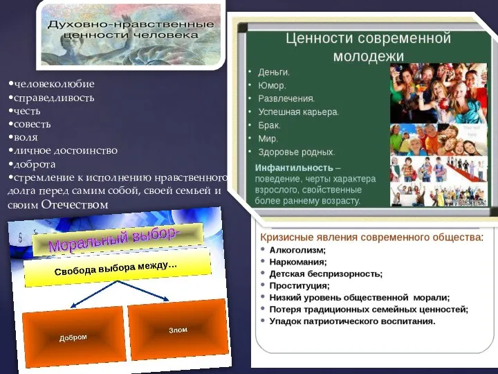 •человеколюбие •справедливость •честь •совесть •воля •личное достоинство •доброта •стремление к исполнению нравственного