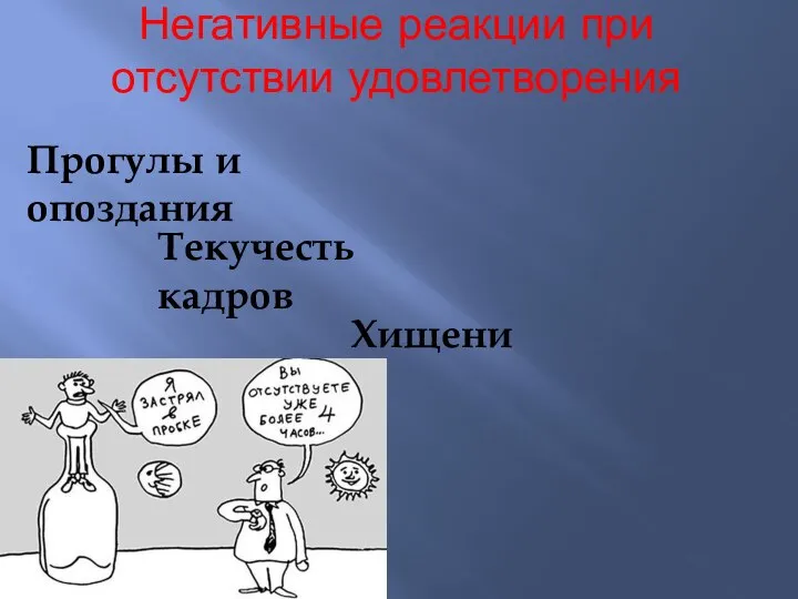 Негативные реакции при отсутствии удовлетворения Текучесть кадров Хищения Прогулы и опоздания