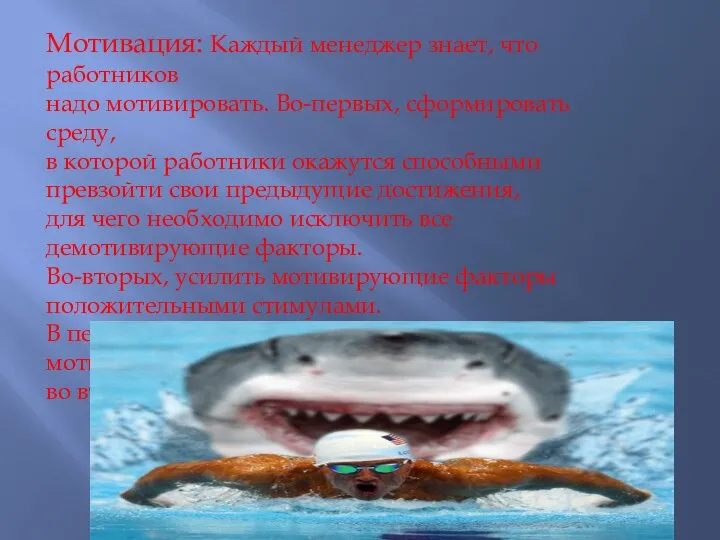 Мотивация: Каждый менеджер знает, что работников надо мотивировать. Во-первых, сформировать среду, в