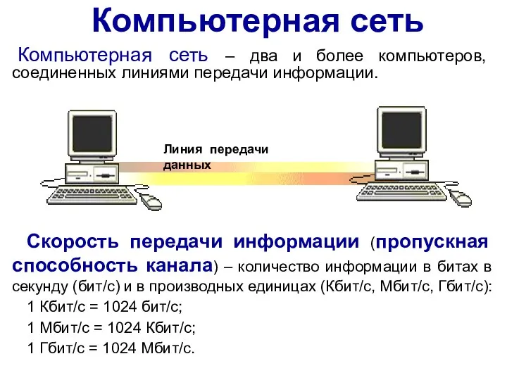 Компьютерная сеть Скорость передачи информации (пропускная способность канала) – количество информации в