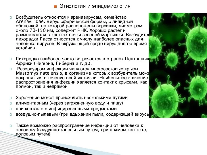 Этиология и эпидемиология Возбудитель относится к аренавирусам, семейство Arenaviridae. Вирус сферической формы,