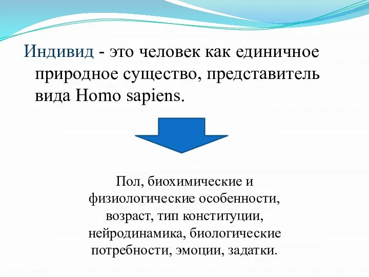 Индивид - это человек как единичное природное существо, представитель вида Homo sapiens.