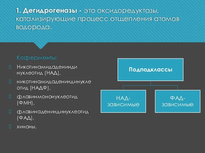 1. Дегидрогеназы - это оксидоредуктазы, катализирующие процесс отщепления атомов водорода. Коферменты: Никотинамидаденинди