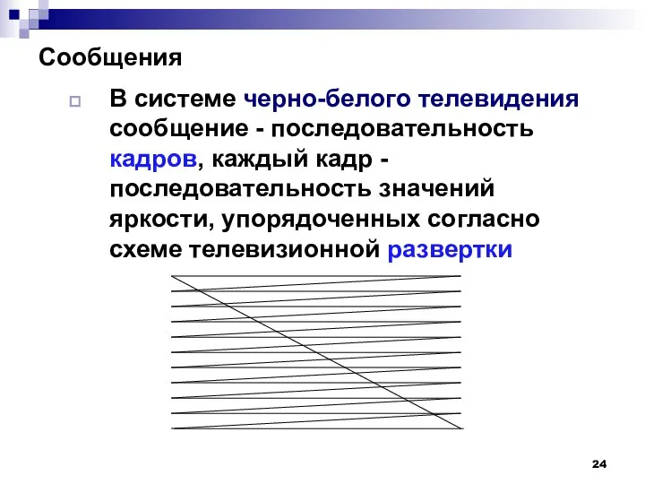 Сообщения В системе черно-белого телевидения сообщение - последовательность кадров, каждый кадр -последовательность