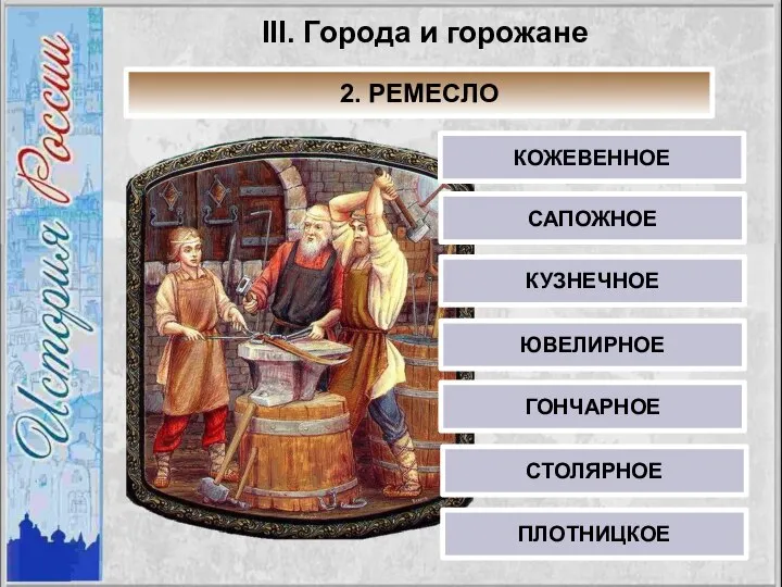 III. Города и горожане 2. РЕМЕСЛО КОЖЕВЕННОЕ САПОЖНОЕ КУЗНЕЧНОЕ ЮВЕЛИРНОЕ ГОНЧАРНОЕ СТОЛЯРНОЕ ПЛОТНИЦКОЕ