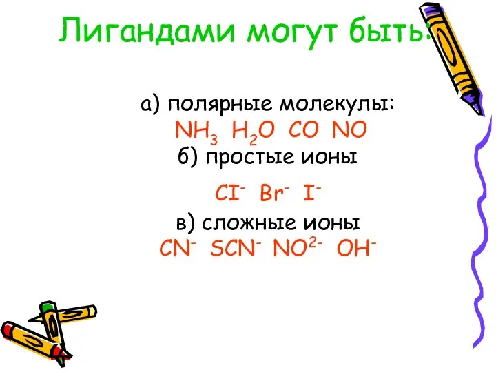 Лигандами могут быть: а) полярные молекулы: NH3 H2O CO NO б) простые