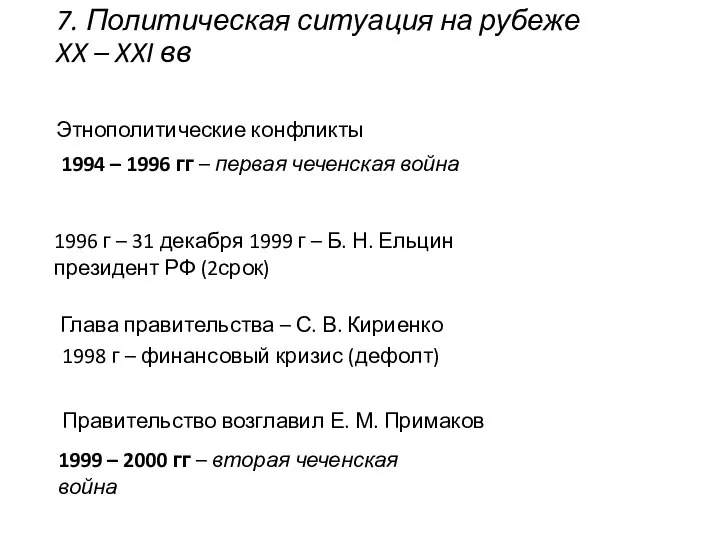 7. Политическая ситуация на рубеже XX – XXI вв Этнополитические конфликты 1994