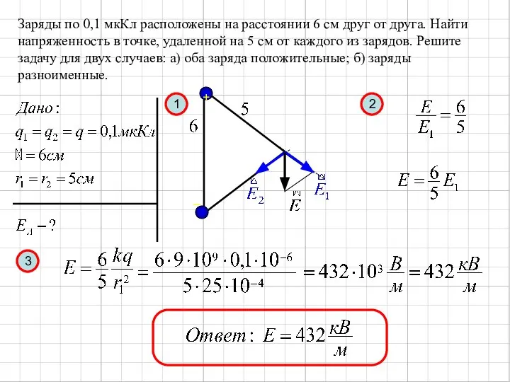 Заряды по 0,1 мкКл расположены на расстоянии 6 см друг от друга.