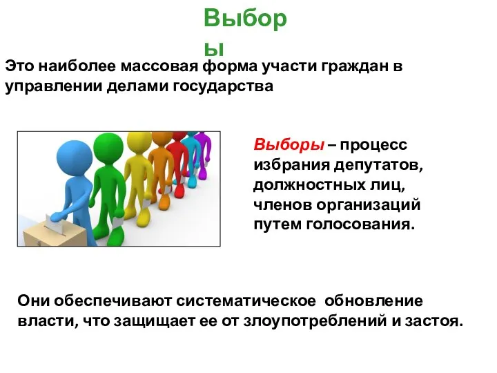 Выборы Это наиболее массовая форма участи граждан в управлении делами государства Выборы