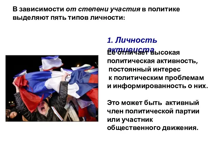 В зависимости от степени участия в политике выделяют пять типов личности: 1.