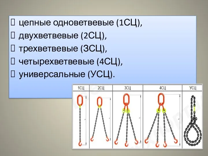 цепные одноветвевые (1СЦ), двухветвевые (2СЦ), трехветвевые (ЗСЦ), четырехветвевые (4СЦ), универсальные (УСЦ).