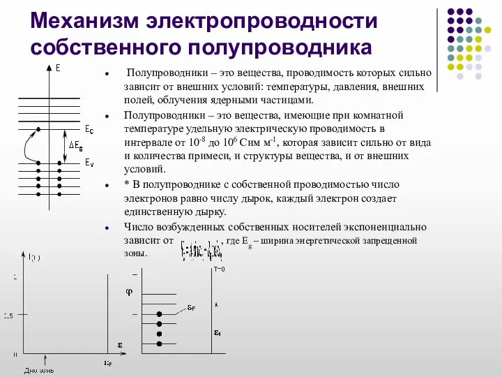 Механизм электропроводности собственного полупроводника Полупроводники – это вещества, проводимость которых сильно зависит