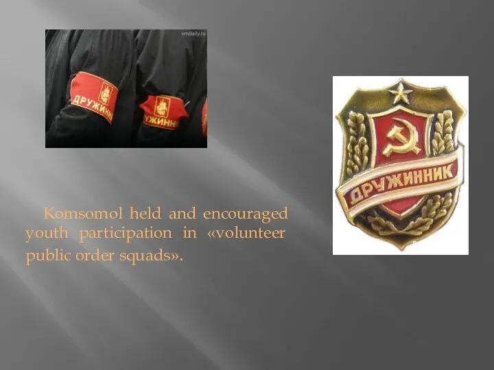 Komsomol held and encouraged youth participation in «volunteer public order squads».