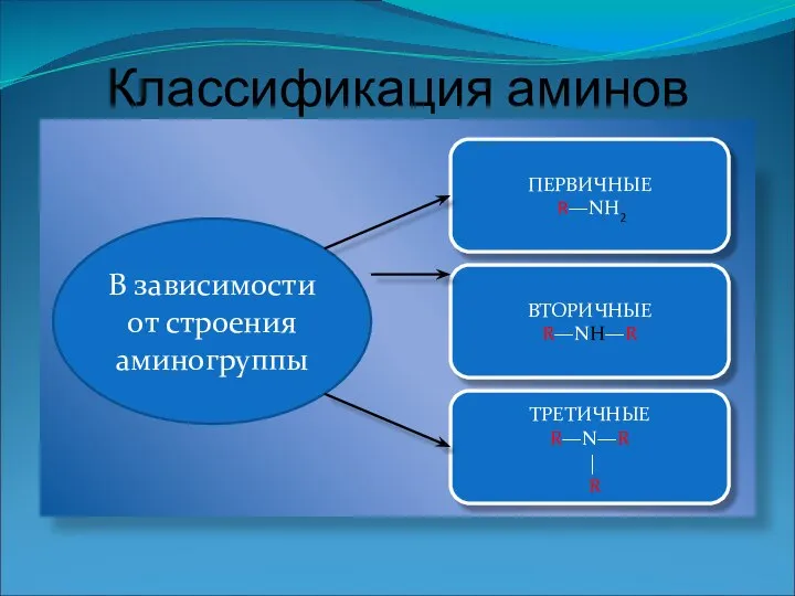 Классификация аминов В зависимости от строения аминогруппы ПЕРВИЧНЫЕ R—NH2 ВТОРИЧНЫЕ R—NH—R ТРЕТИЧНЫЕ R—N—R | R