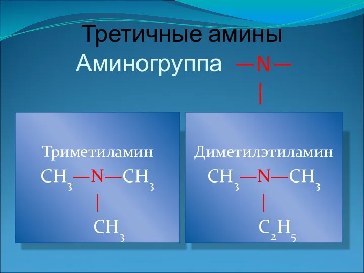 Третичные амины Аминогруппа —N— | Триметиламин СН3—N—СН3 | СН3 Диметилэтиламин СН3—N—СН3 | С2Н5