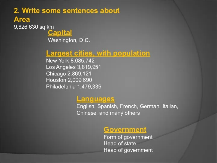 Languages English, Spanish, French, German, Italian, Chinese, and many others Largest cities,