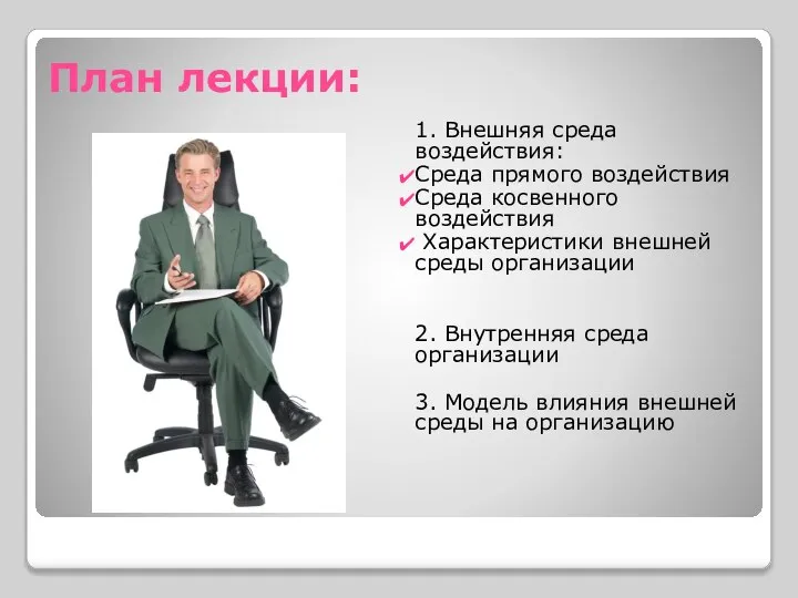 План лекции: 1. Внешняя среда воздействия: Среда прямого воздействия Среда косвенного воздействия